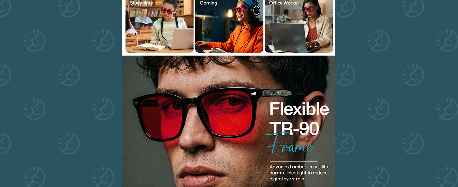 Sleep ZM orange blue light glasses size guide with dimensions and everyday use examples