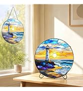 Stained Glass Window Hanging - Golden Sunrise Suncatcher for Window Door Hang or Stand Home Decor...