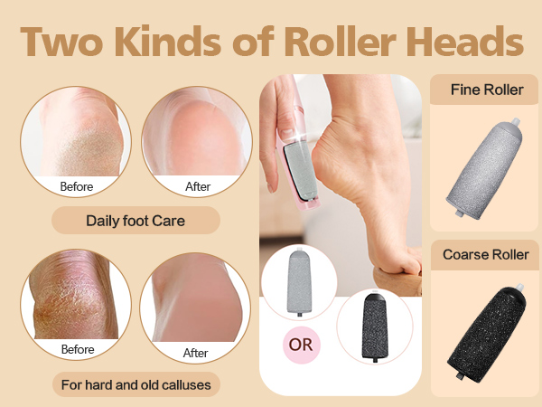 Text reads 'Two Kinds of Roller Heads', 'Daily Foot Care', 'Fine Roller', 'Coarse Roller'. Product diagram showing two types of foot care rollers and their effects on skin.