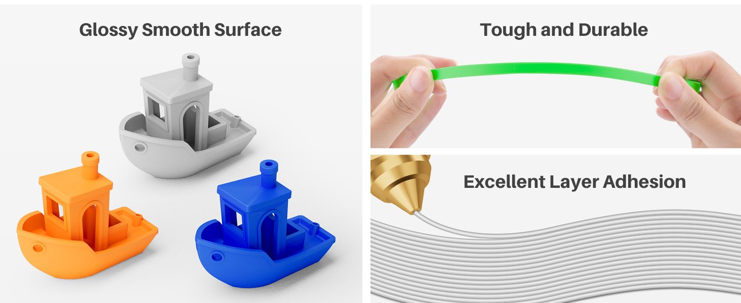 glossy smooth surface, tough, durable and excellent layer adhesion