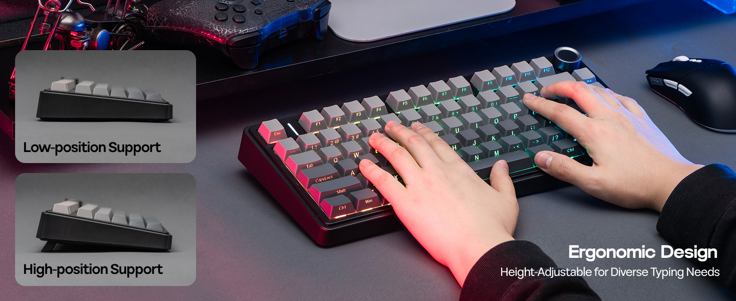 Text reads: 'Low-position Support', 'High position Support', 'Height Adjustable for Diverse Typing Needs'. Keyboard ergonomic design demonstration showing adjustable height settings with wrist rest positions.