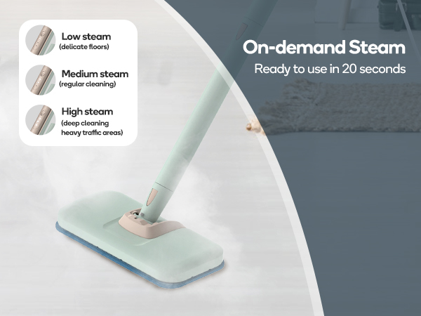 Steam mop head with three steam level settings: low, medium, and high. Features quick 20-second heat-up time and mint green base color.