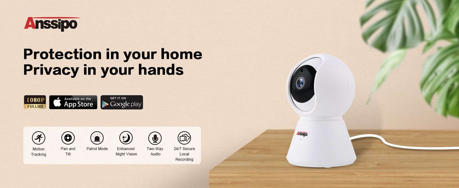 indoor camera 1080p, plug in, power corded, auto tracking, 360 view