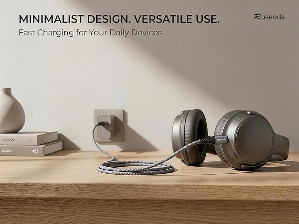 Minimalist grey micro USB cable for headphones and tablets, fast charging grey braided cord.