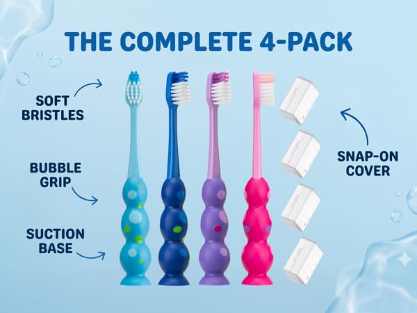 Pink kids&amp;#39; toothbrush with bubbly grip, suction base, ultra-soft bristles, travel cover included