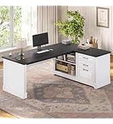 SEDETA Farmhouse 61" Executive L Shaped Desk, Home Office Desk with File Drawers, Computer Desk w...