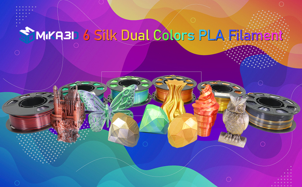 6 Spools Bicolor Dual Color 1.75mm 3D Printer Filament Bundle, 3D Printing Silk PLA