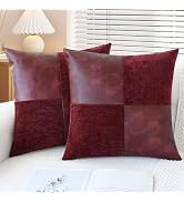 CaliTime Throw Pillow Covers Decorative 18 X 18 Inches Pack of 2 Cozy Chenille Faux Leather Splic...