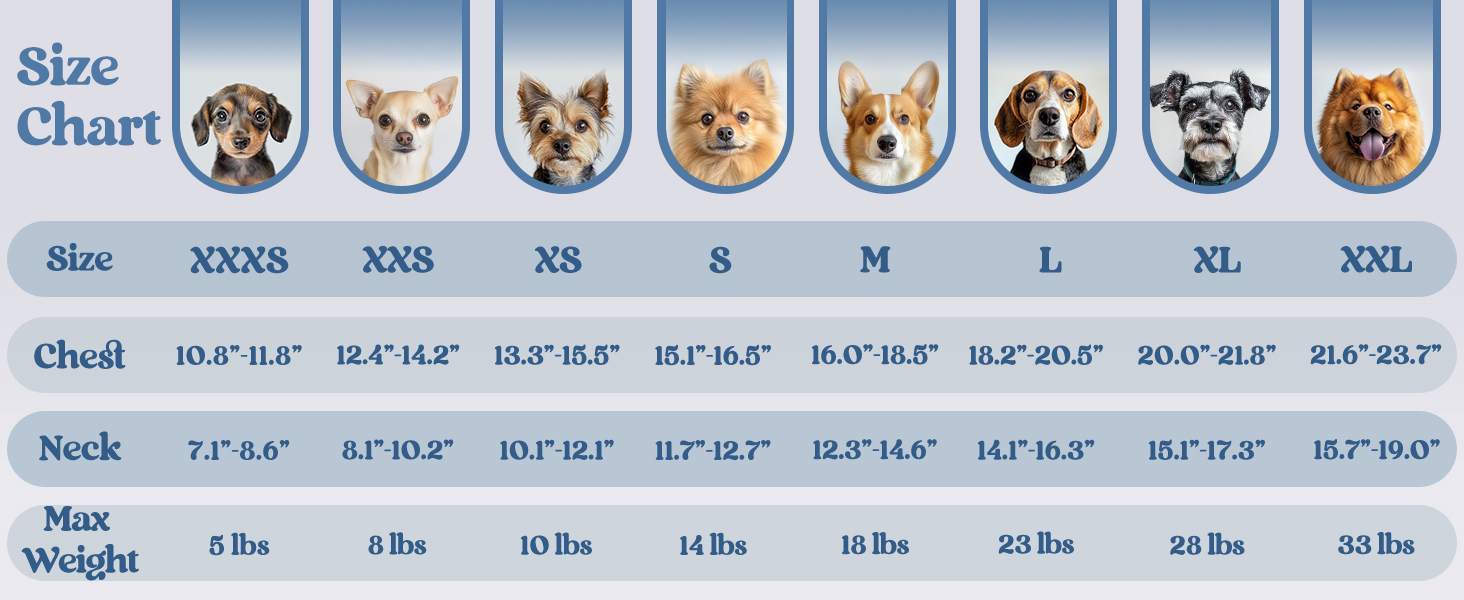 Pet harness size chart