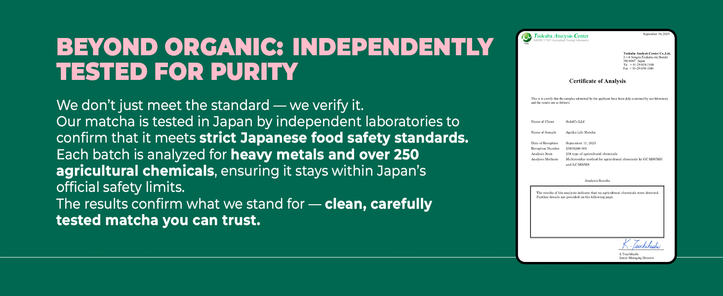 Matcha powder certificate of analysis showing purity and safety testing