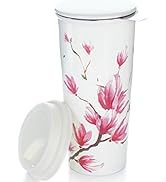 Willow &amp; Everett 16oz Ceramic Travel Mug with Lid. Magnolia Double-Walled Tea Cup with Tea Infuse...