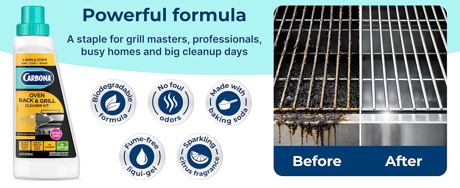 Carbona oven rack cleaner with powerful formula to break down grease and restore racks