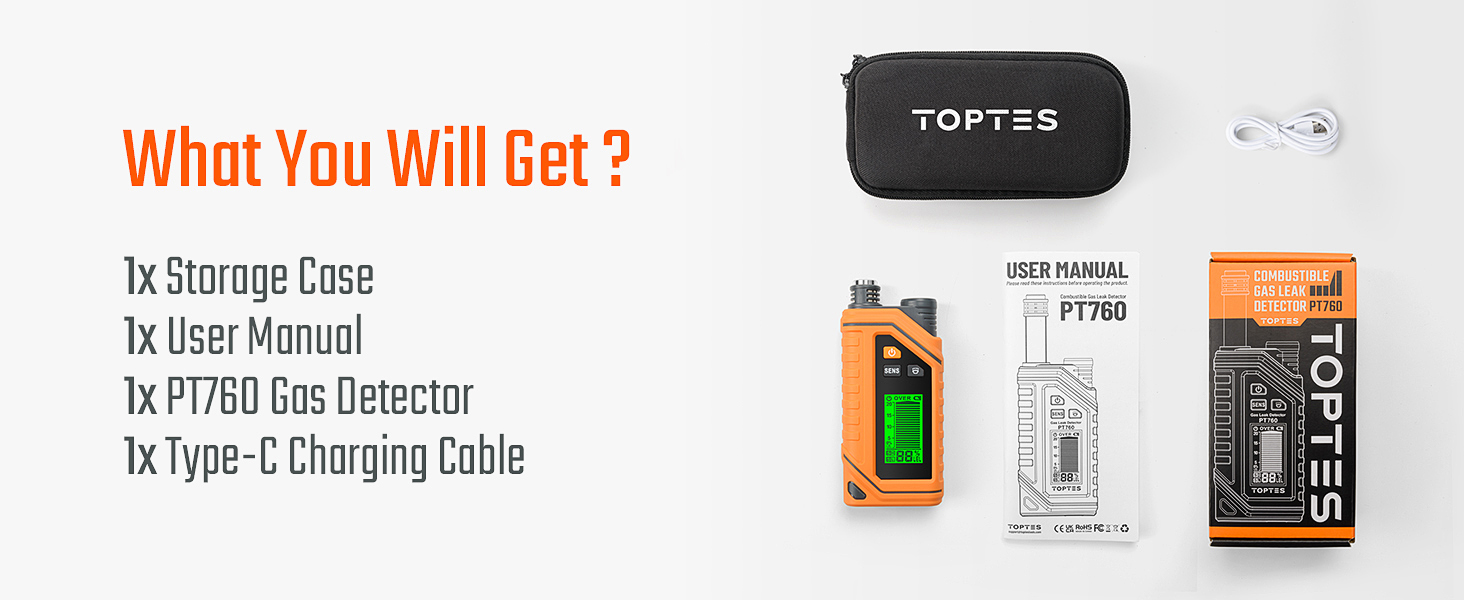 Package Includes: Store case, Gas detector, User Manual, Charging Cable