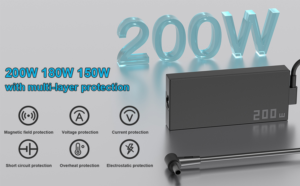 Text reads '200W' with technical specification icons below. Shows dark-colored power supply or electronic device with minimalist design.