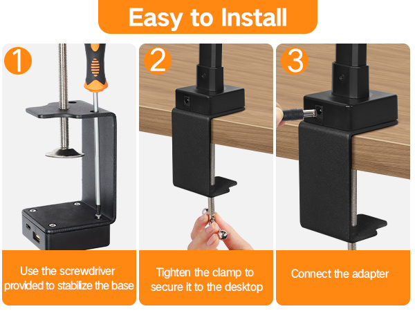 Text reads 'Easy to Install'. Step-by-step installation guide showing desk mount assembly process with numbered steps 1-3, featuring black mounting hardware.