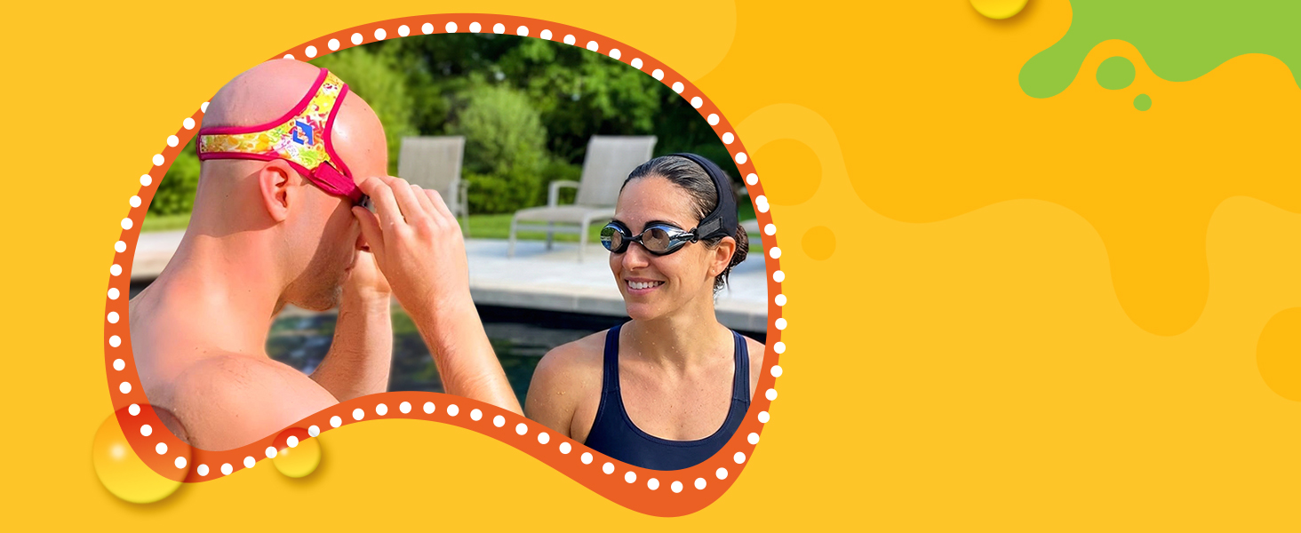 Adult man putting on comfortable fabric strap swim goggles for teens and adults