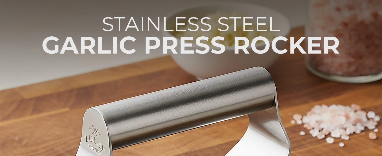 Stainless steel garlic press rocker with ergonomic grip for effortless garlic mincing.
