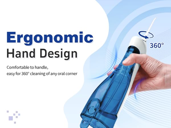 Blue water dental flosser with ergonomic hand design comfortable to handle