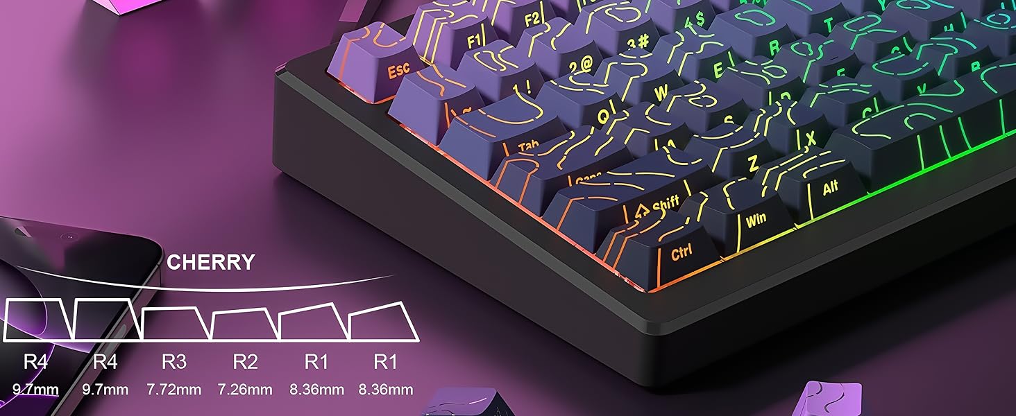 Topographic keycaps Gradient Purple Shine Through Keyboard Keys Side Printed OEM Profile keycap Set