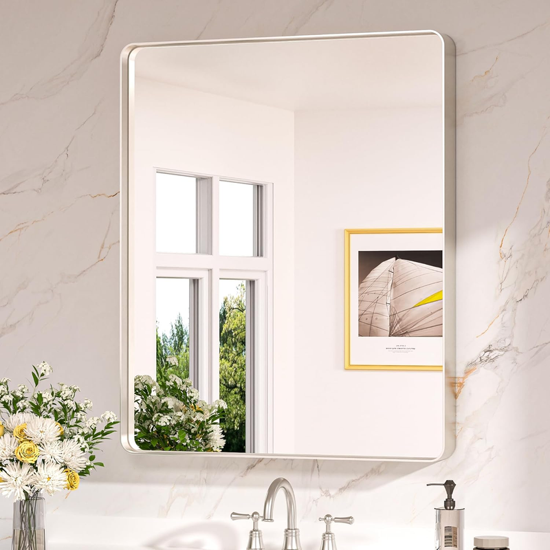 30 X 36 Brushed Nickel Bathroom Mirrors for over Sink, Rounded Rectangle Bathroom Vanity Mirror, Brushed Silver Framed Farmhouse Mirror, HD Tempered Glass Wall Mirror(Horizontal/Vertical)