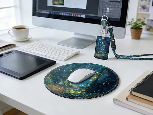 desk mouse pad and badge holder with lanyard