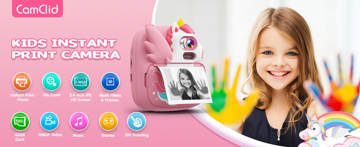 CAMCLID Kids camera print camera for girls unicorn shape 12MP 1080p video recording