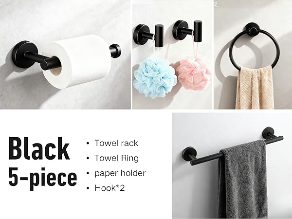Wall-mounted towel rack, including towel rack, towel rings, hooks, and toilet paper holder