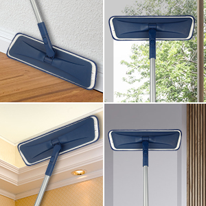 the broom handle is made of a blue and white plastic with a blue handle.
