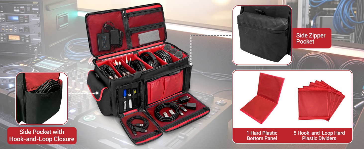 Large Dj Cable Bag with Detachable Dividers, Bottom Pad