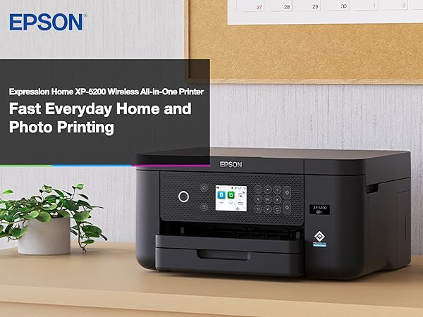 Black Expression Home XP-5200 printer sitting on desk.