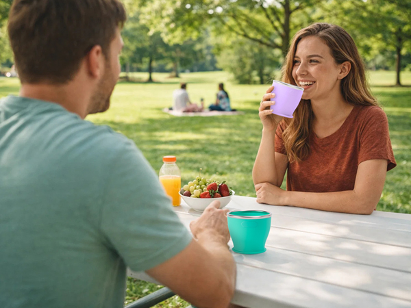 Drink beverages from a camping cup while camping outdoors.