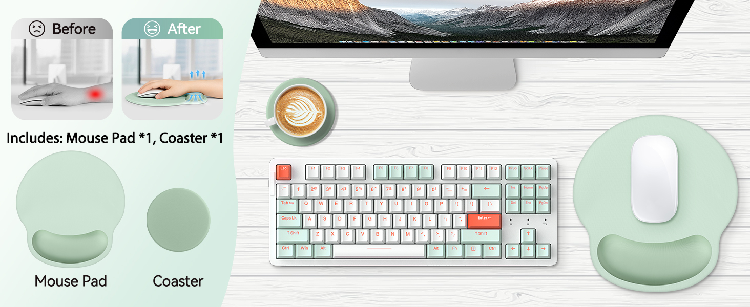 Text reads 'Includes Mouse Pad™, Coaster™'. Green desk accessories set with keyboard, mouse pad, coaster, and circular mouse pad components displayed with coffee cup.