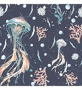 HeloHo Peel and Stick Wallpaper Dark Blue Wall Paper Ocean Jellyfish Seaweed Self Adhesive Remova...