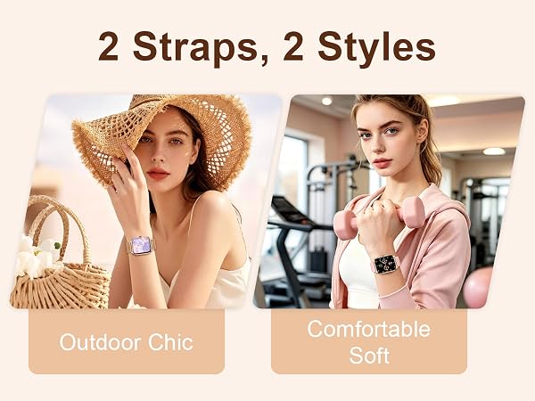 Text reads "2 Straps, 2 Styles" with labels "Outdoor Chic" and "Comfortable Soft." Split image shows woman wearing straw hat with woven strap style, and woman wearing smartwatch with soft fabric strap style.