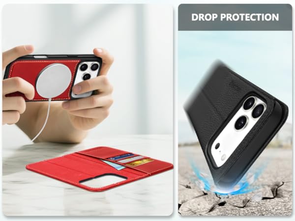 Text reads 'DROP PROTECTION'. Sequence showing phone case installation process with protective features and red material details.