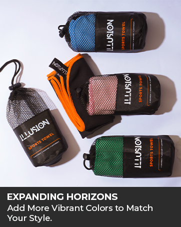 Compact microfiber sports towels in mesh pouches. Available in blue, pink, green, and gray. Text reads 'EXPANDING HORIZONS: Add More Vibrant Colors to Match Your Style.'