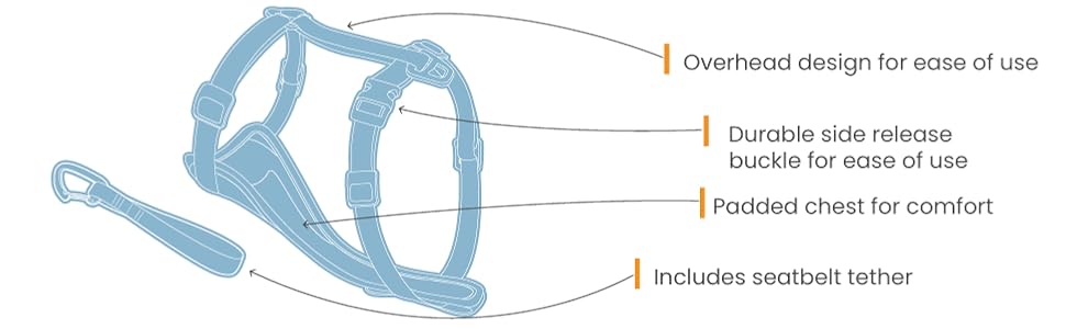 Overhead design for ease of use, durable side release buckles, padded chest, seatbelt tether