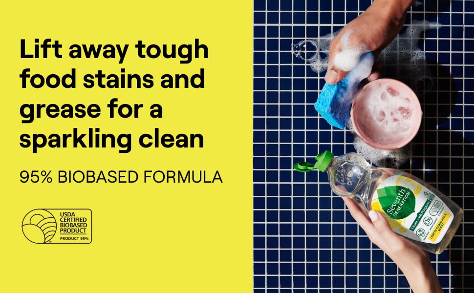 Lift away tough food stains and grease for a sparkling clean. 95% biobased formula.
