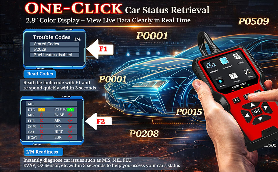 One-Click Code Reader with 2.8&amp;#34; Color Display, Live Data, and I/M Readiness for 1996+ Vehicles.