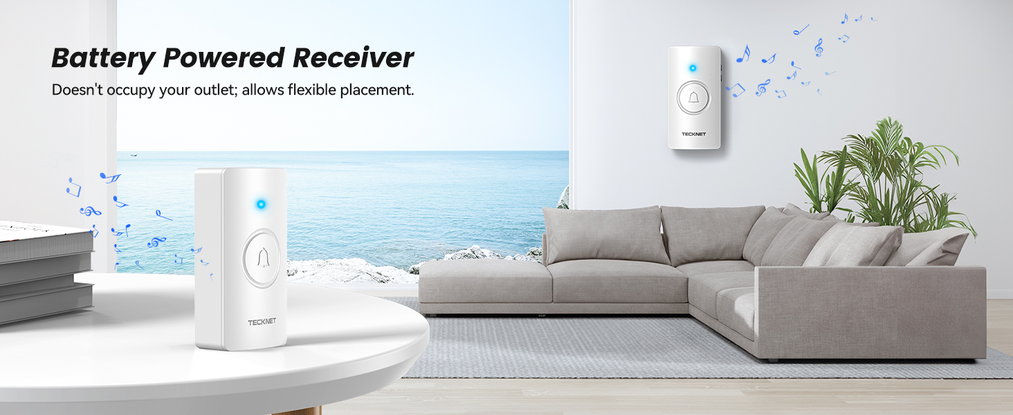 Battery-powered receiver devices in a living room setting. Two white units visible, one on a table and one wall-mounted, with text 'Battery Powered Receiver' above.