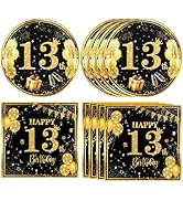 DURYGEN 40PCS 13th Birthday Party Supplies Black Gold 13 Year Old Birthday Party Decor Happy Birt...