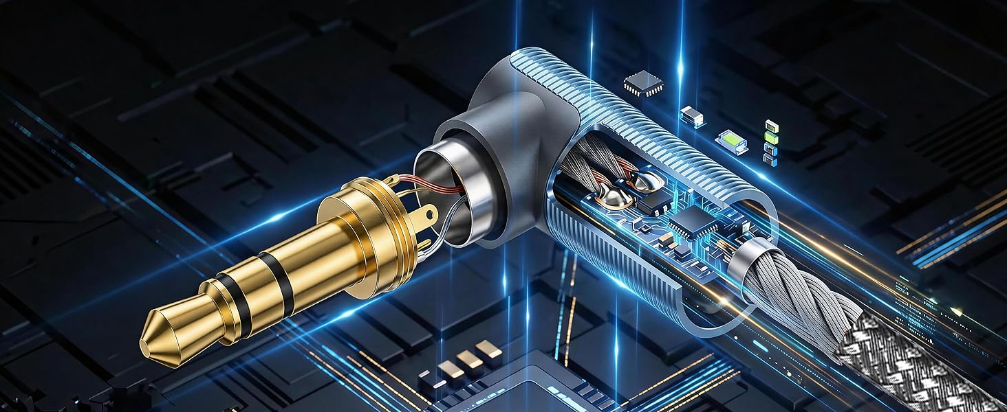 Close up of 90 degree 3.5mm audio jack showing internal circuit and chip.