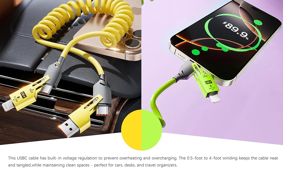 4-in-1 Spring Fast Charging Cable 4-Foot 65-watt Winding car USB Data Cable