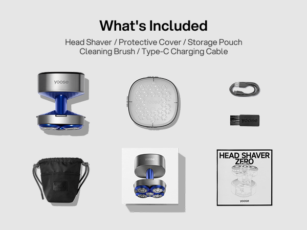 In the box - Head Shaver, Protective Cap, Storage Pouch, Cleaning Brush, USB-C Charging Cable
