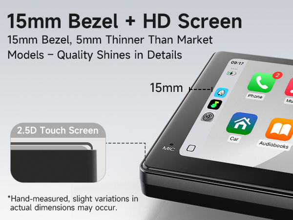 Text reads '15mm Bezel + HD Screen' and 'Models - Quality Shines in Detail'. Product images showing device screen with measurement callouts and interface elements.
