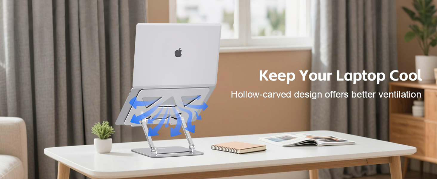 Laptop stand with open airflow design improves ventilation and helps laptops stay cooler