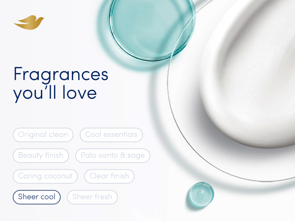 Light blue fragrance liquid drop with cream next to text that reads: Fragrances you'll love.