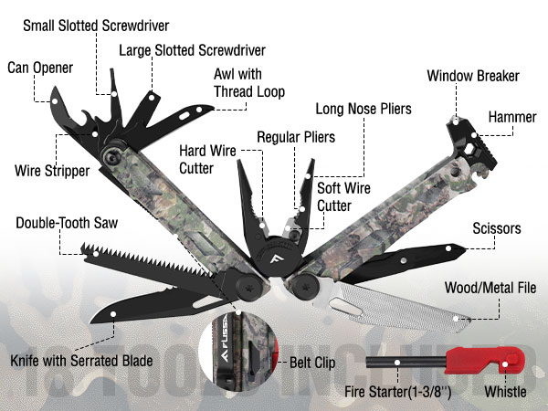 FLISSA Multitool, 18 in 1 Camo Multitool Pliers with Fire Starter, Window Breaker