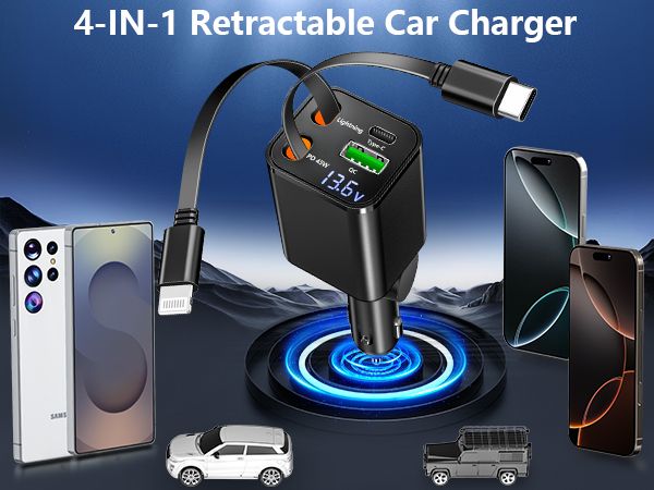 MFi Certified 4 in 1 Retractable Car Charger 120W USB C Car Charger Cigarette Lighter Adapter