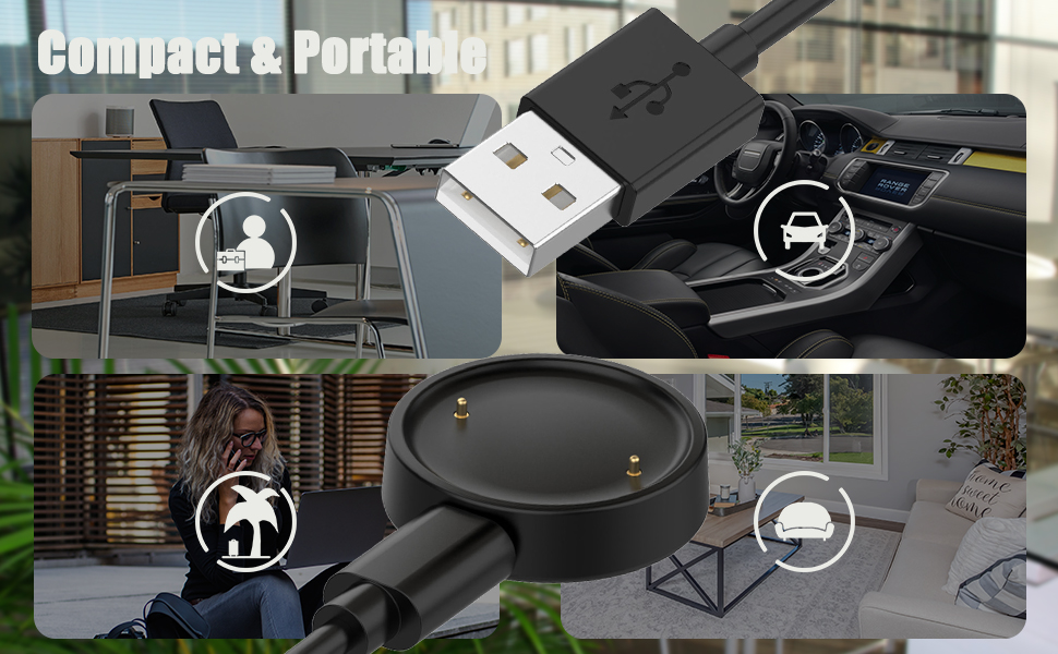 Multi-panel product demonstration showing portable device features with circular icons indicating different functionalities.